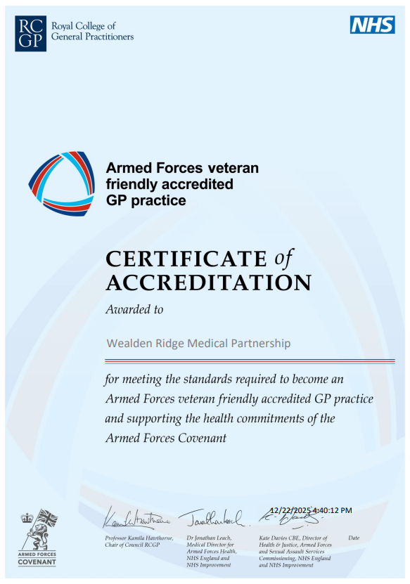 Armed Forces veteran friendly accredited GP practice certificate